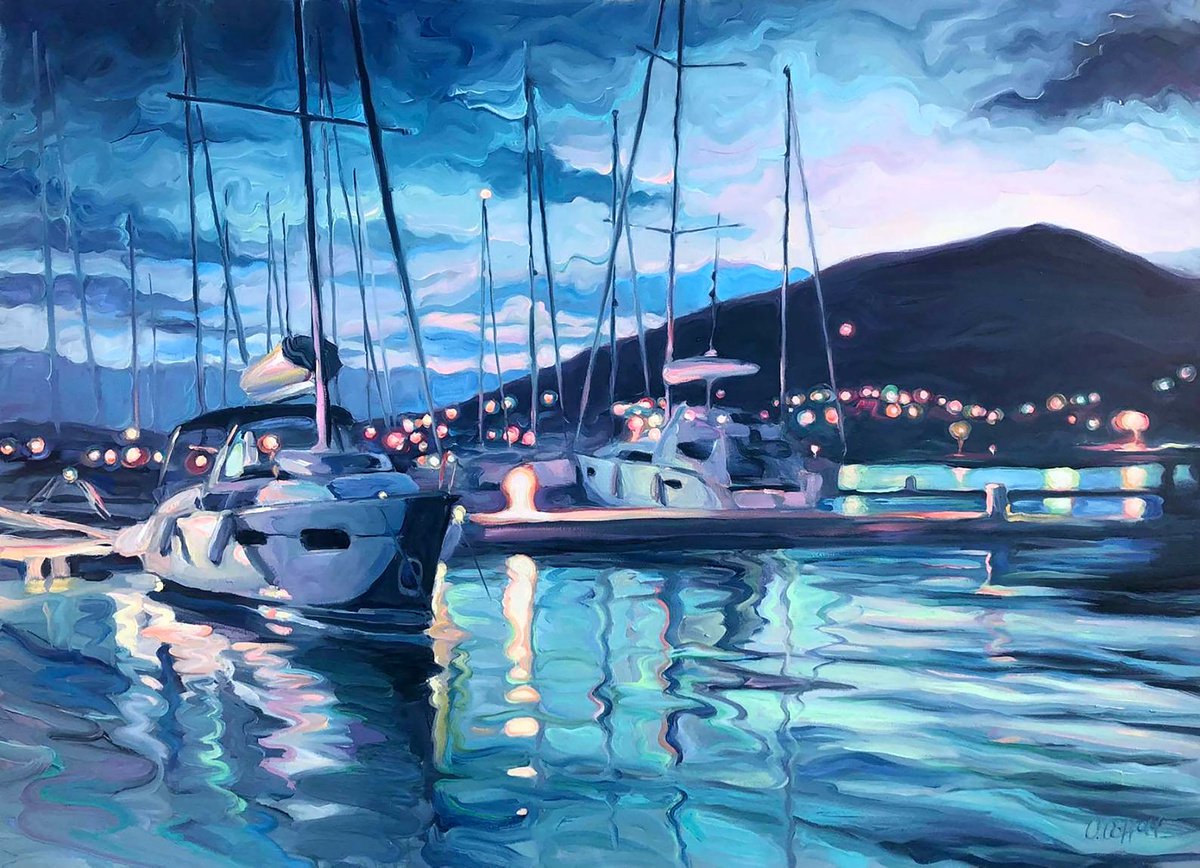 Impressionistic Landscape Oil Painting By Procach Olesia, 43 X 31", Dawning Sea, Original Artwork