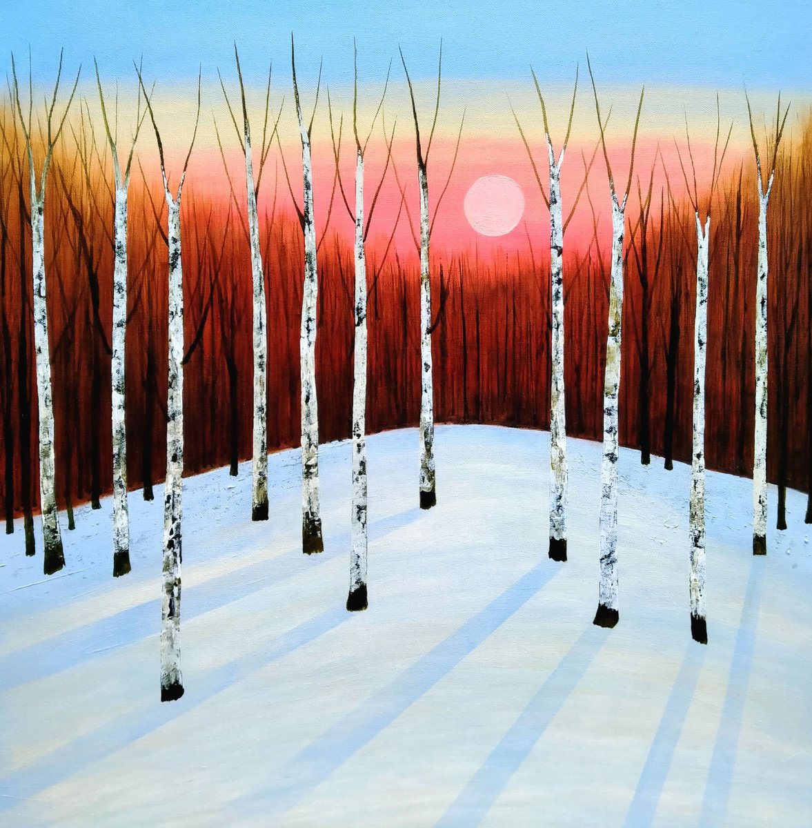 Impressionistic Landscape Acrylic Painting By Amanda Horvath, 24 X 24, Twilight Birches, Original Artwork