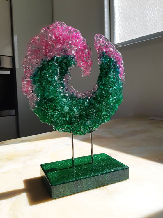 Emerald glass wave, 3D Crushed glass sculpture, Unique gift, Home Decor, Luxury art, Glass Epoxy sculpture, Standing sculpture bilateral