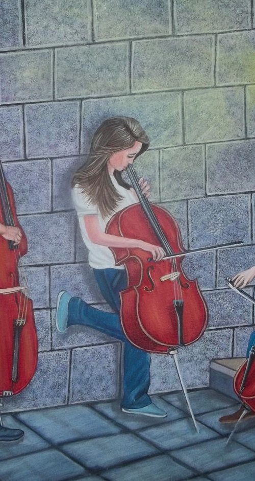 Street musicians, Trio, two cellos and double bass, Buskers by Sofya Mikeworth