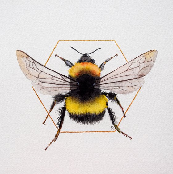 Bee Painting, Bumblebee Wall Art, Bee Original Watercolor Painting, Square Art