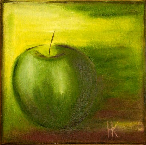 Apple Painting Fruit Original Art Green Apple Oil Canvas Artwork  Small Still Life Wall Art 8 by 8" by Halyna Kirichenko