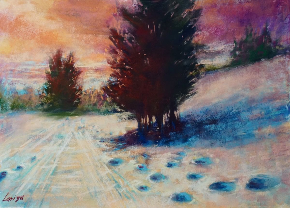 Winter evening in Slovene Alps | Original Pastel Painting by Larisa Carli
