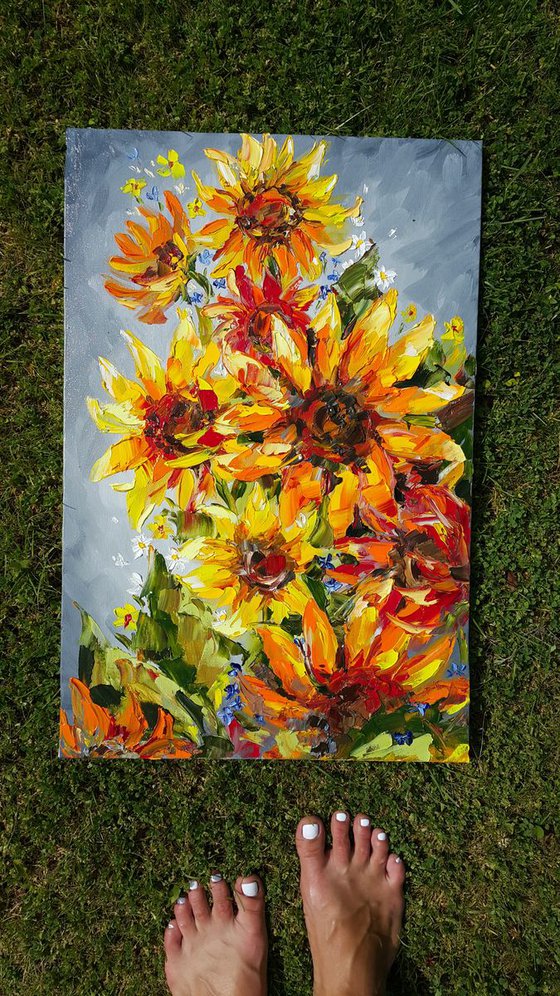 Bright sunflowers - painting sunflowers, oil painting, flower, sunflowers painting original, oil painting floral, wall art, gift, home decor