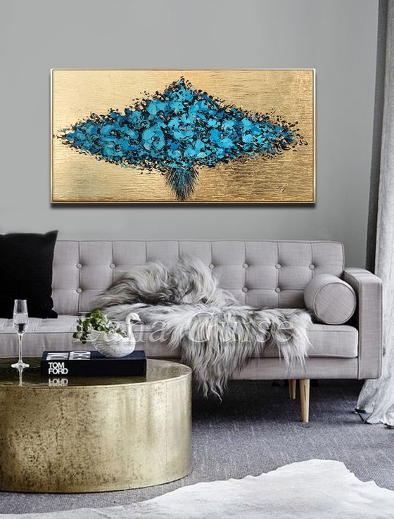 Bouquet - Original Abstract Teal Blue Gold Large Painting, Living Room Art, Minimalist Art, Wall Art Decor