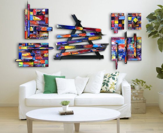 "What's He Building In There?" - FREE USA SHIPPING + Save As A Series - Original Polyptych PMS Mixed Media Sculptural Paintings On Wood and Wood Fragments - 79 x 42 inches