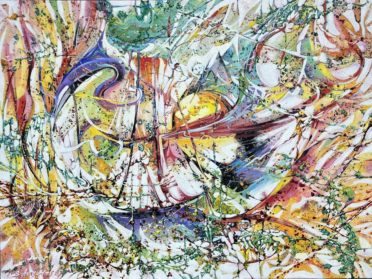 Expressive Abstract Oil Painting By Samvel Atasunc, 31 X 24", Dancing Colors, Original Artwork