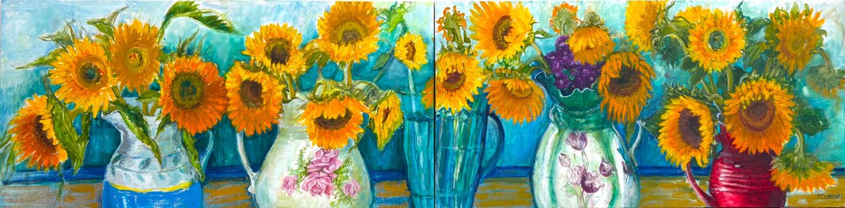 Impressionistic Still Life Oil Painting By Patricia Clements, 79 X 20", Summer Of Sunflowers Diptych, Original Artwork