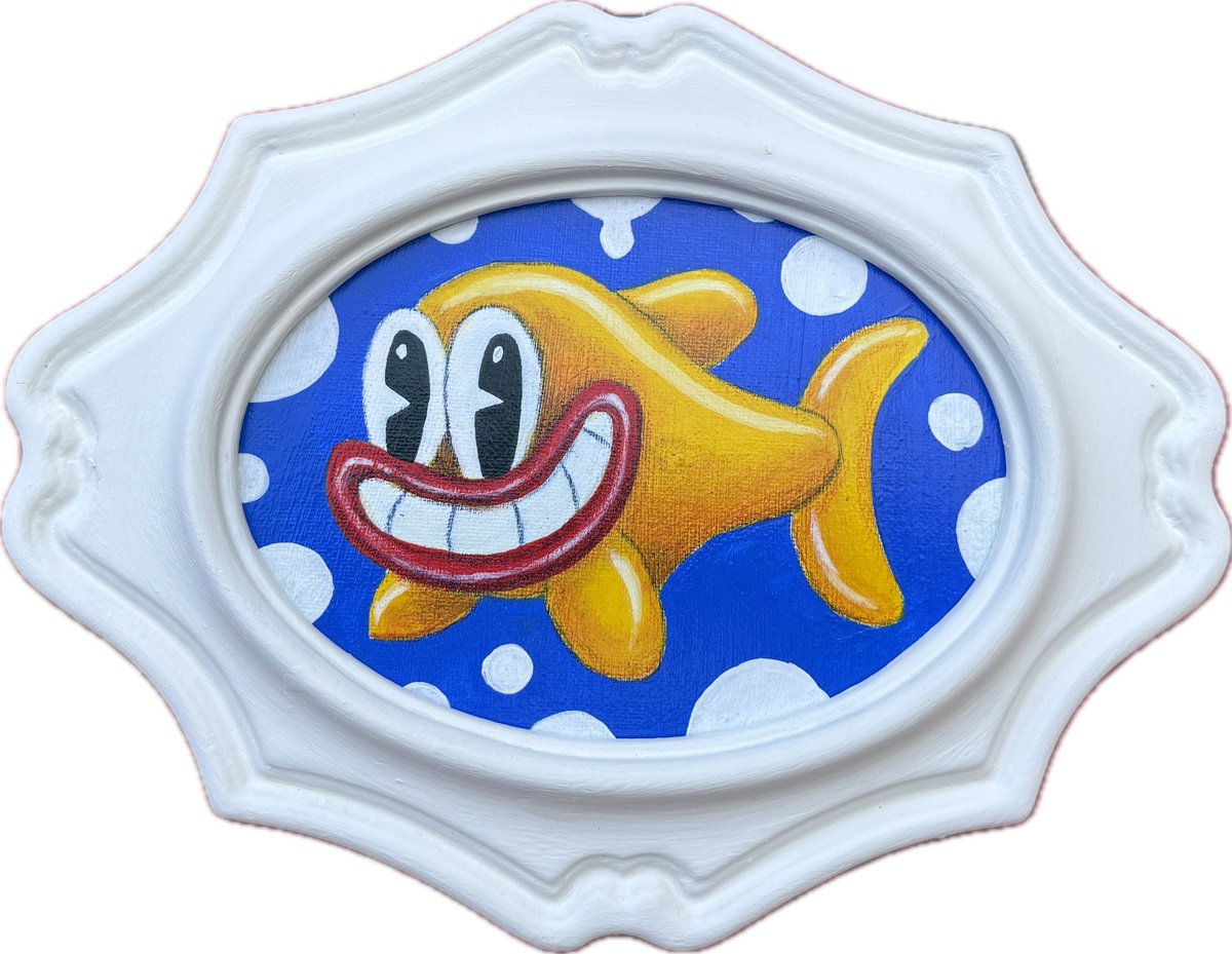 Cartoon Animal Acrylic Painting By Paolo Andrea Deandrea, 10 X 8", 791 - Goldfish, Original Artwork