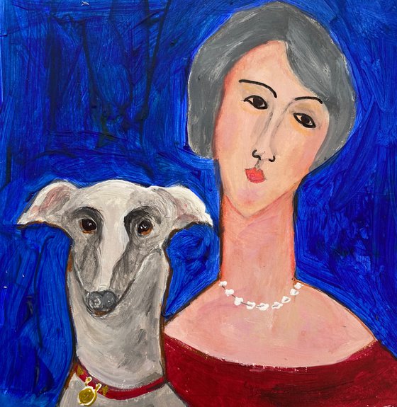 Woman with greyhound framed