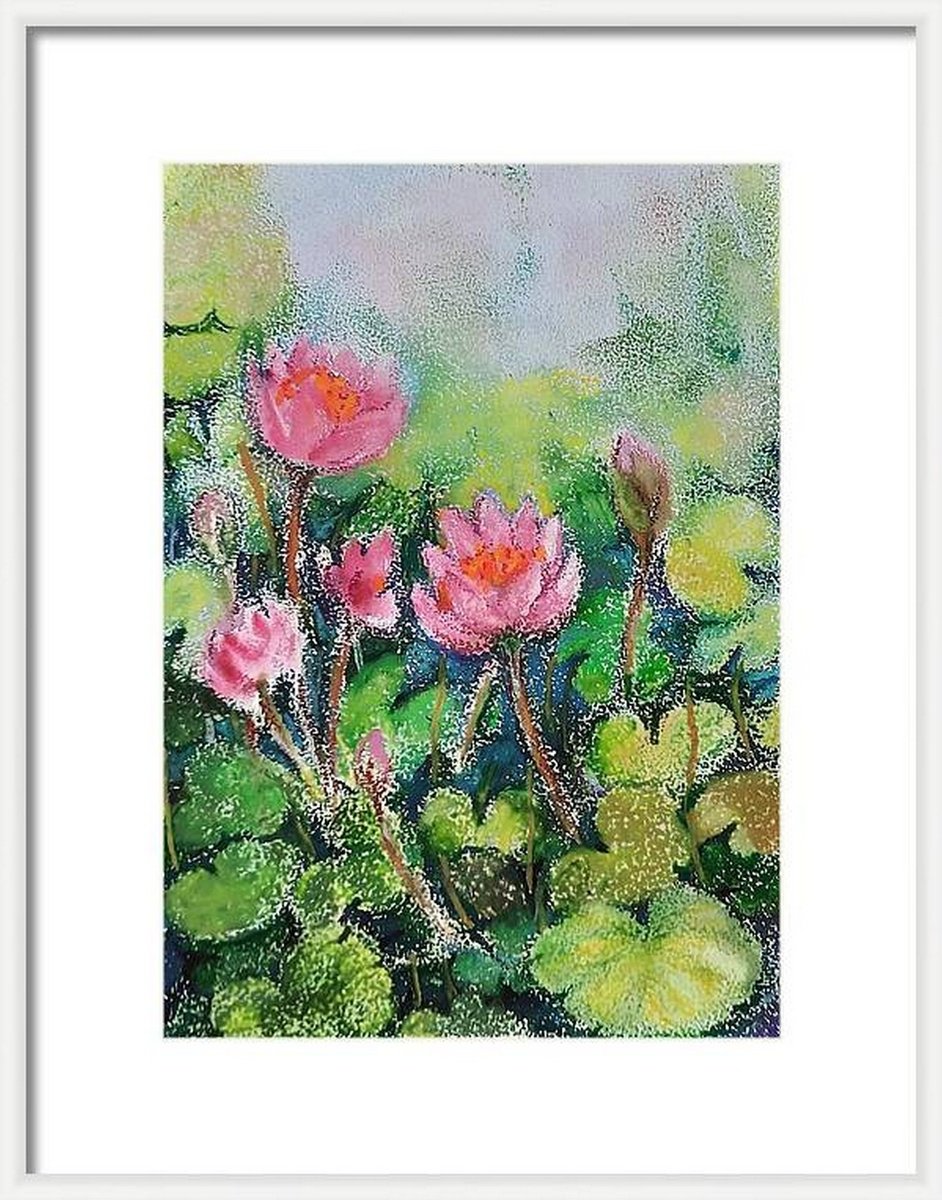 Lotus flowers in a Pond - Mixed-media Water Lilies on paper 11.25x 8.25 by Asha Shenoy