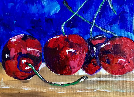 Cherries. Still life. Palette knife painting on linen canvas