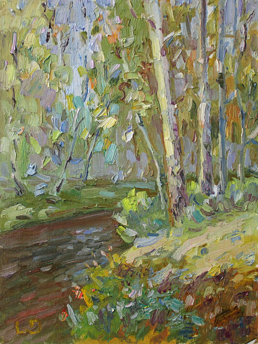 Impressionistic Landscape Oil Painting By Liudvikas Daugirdas, 12 X 16", The Babbling Stream, Original Artwork