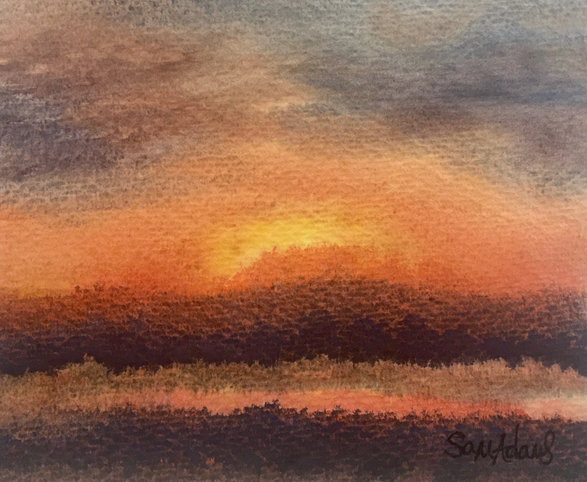 Isle of Purbeck orange and yellow sunset by Samantha Adams professional watercolorist