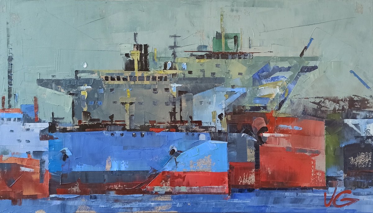 Series IRON GIANTS part #2 original Ukrainian oil painting on canvas, cargo ships in port by Volodymyr Glukhomanyuk