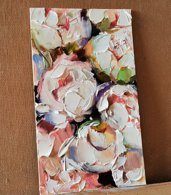 Сream Peonies flowers painting, Miniature painting on canvas