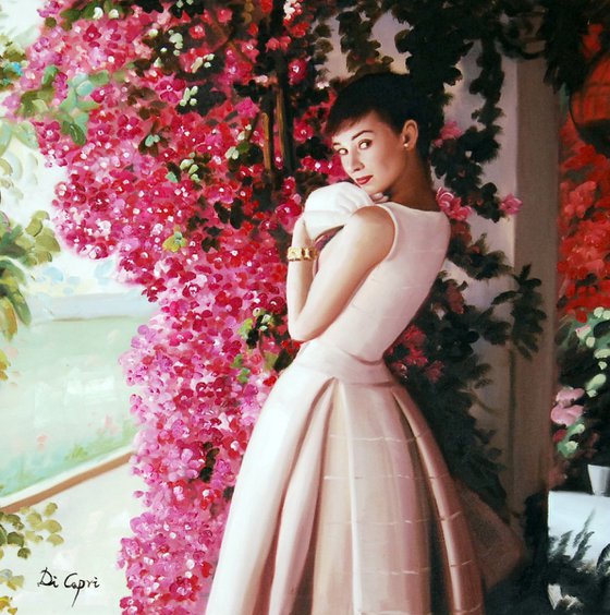 Audrey Hepburn Portrait “ Audrey Hepburn and bougainvillea”