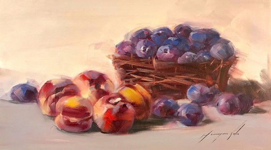 Still life with Plums, Original oil painting  Hand painted artwork One of a kind
