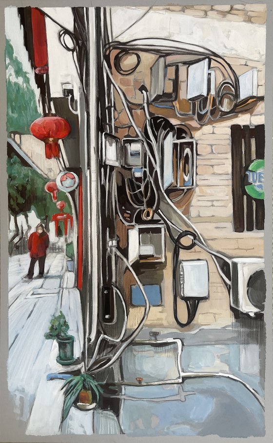Asian street. Wires. Lanterns.