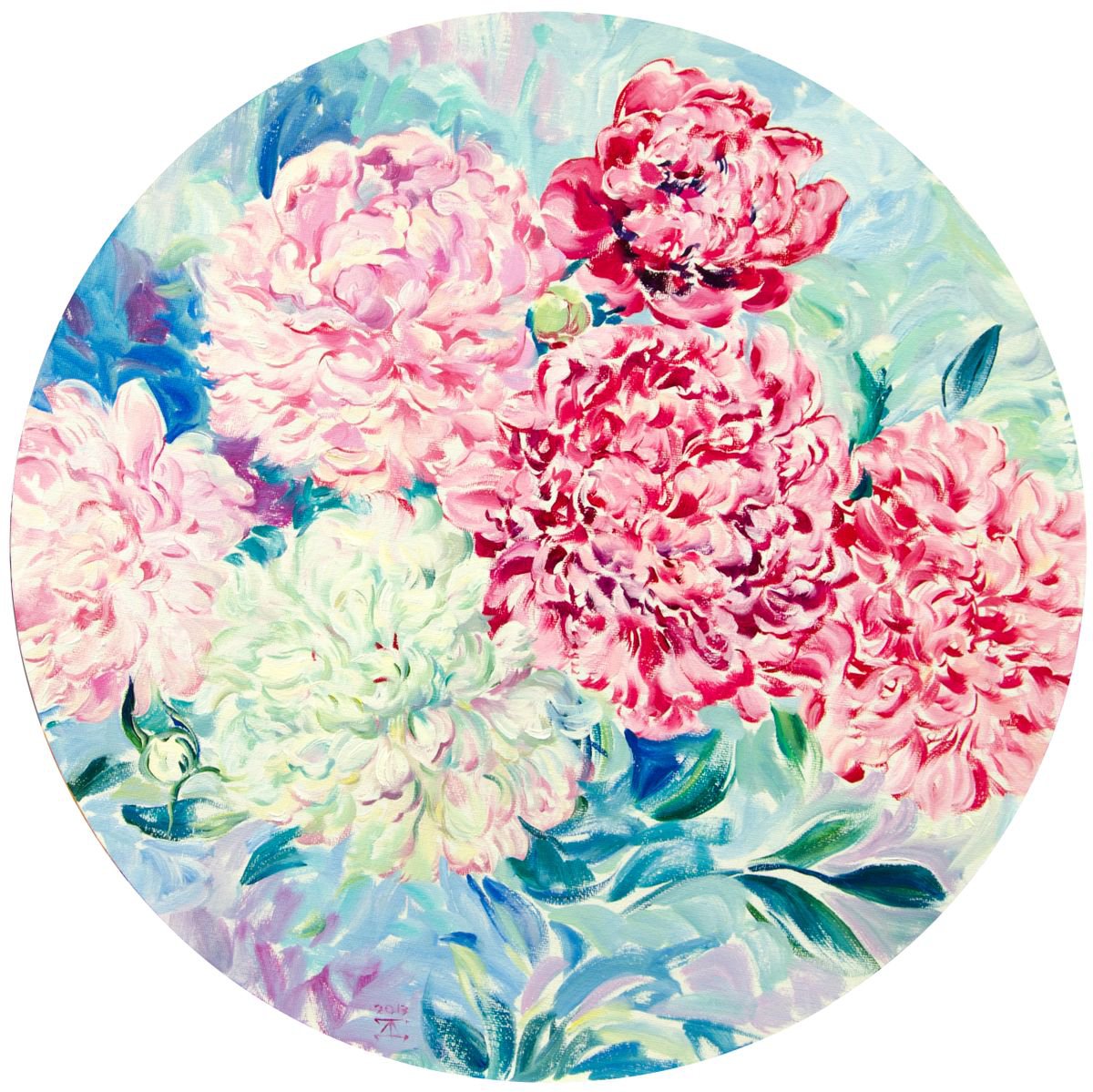 Impressionistic Botanical Oil Painting By Daria Galinski, 16 X 16, Peones On Round Canvas, Original Artwork
