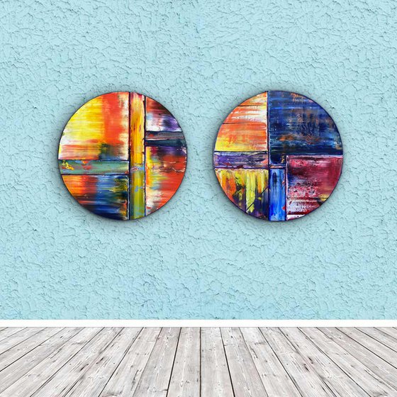 "Coming Full Circle" - Save As A Series - Original PMS Oil Painting Diptych On Circular Wooden Panels - 36 x 18 inches