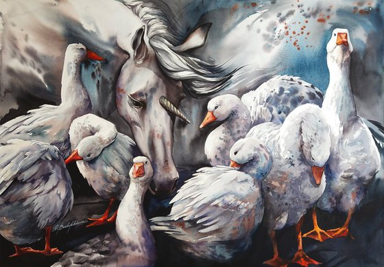 Geese - original watercolor unicorn in a flock of white geese