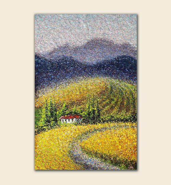 Tuscany landscape Field Abstract Sunshine mountains Italy inspire Yellow blue green Summer