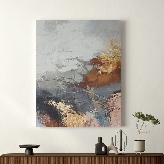 "Orange Flight 3" Abstract gray brown gold