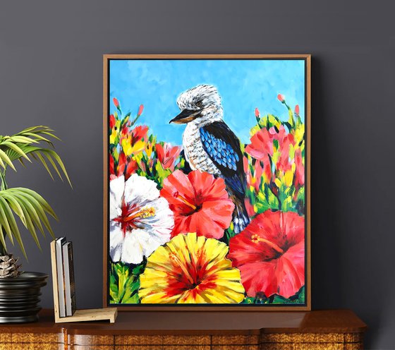 Australian Kookaburra and Hibiscus flowers