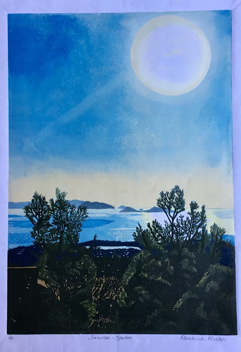Landscape Linocut By Rosalind Forster, 8 X 15", Sunrise Spetses, Original Artwork