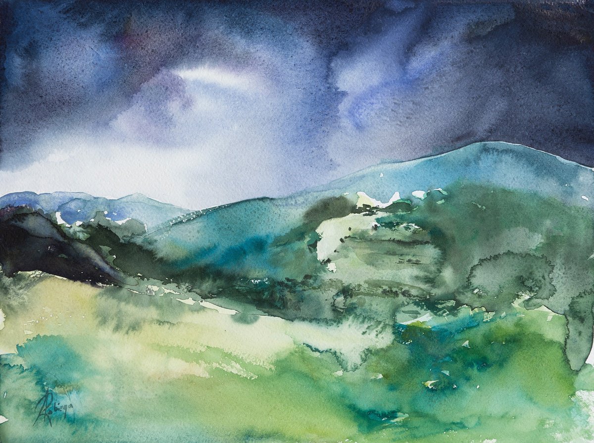 Landscape Watercolour By Andrzej Rabiega, 12 X 9, Polish South Landscape, Original Artwork