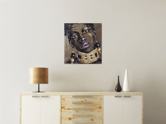 Female portrait of a black girl with gold jewelry on her neck, abstract woman portrait, oil original