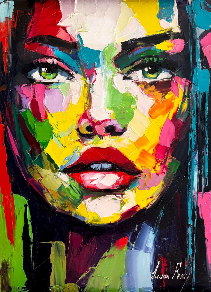 Expressive Portrait Oil Painting By Lana Frey, 20 X 28", Shards Of The Rainbow, Original Artwork