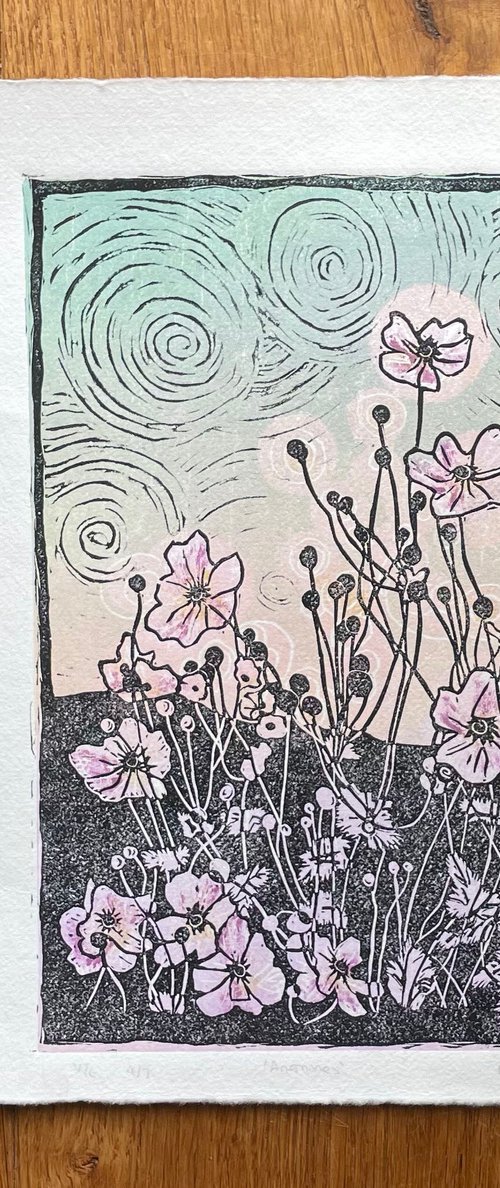 Anemones - Flower Contemporary Linocut Print by C Staunton