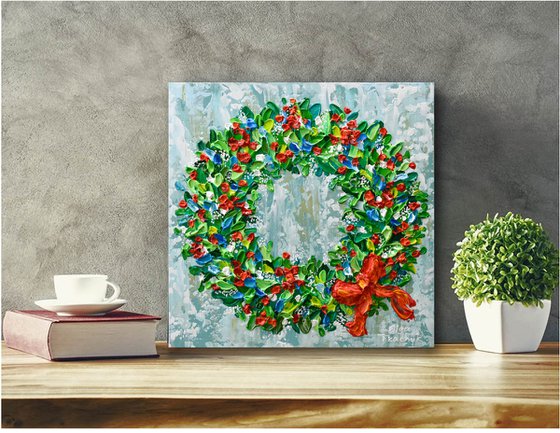 Christmas Wreath - Acrylic Palette Knife Painting, Holiday Décor