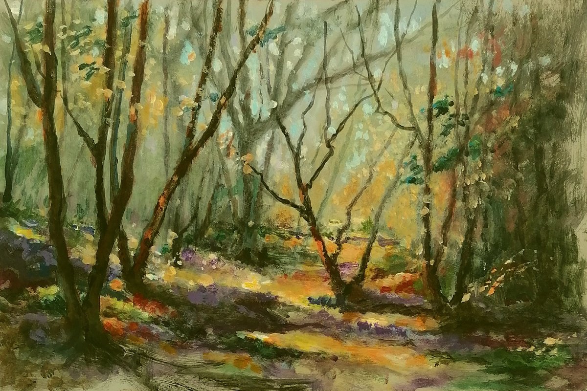 Impressionistic Landscape Acrylic Painting By Alan Harris, 12 X 8, Bluebells Woods, Original Artwork