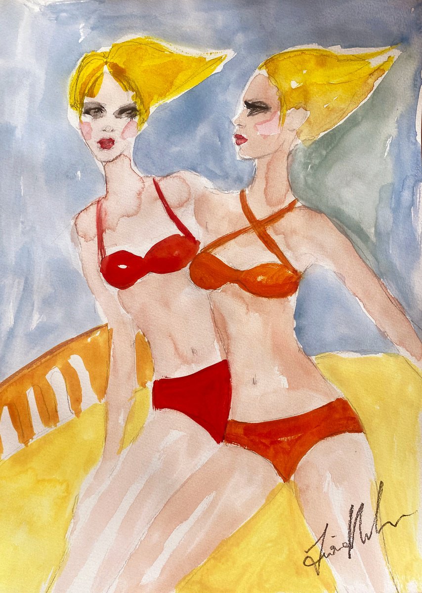 Expressive Portrait Watercolour By Fiona Maclean, 12 X 17, Bondi Beach Babes, Original Artwork