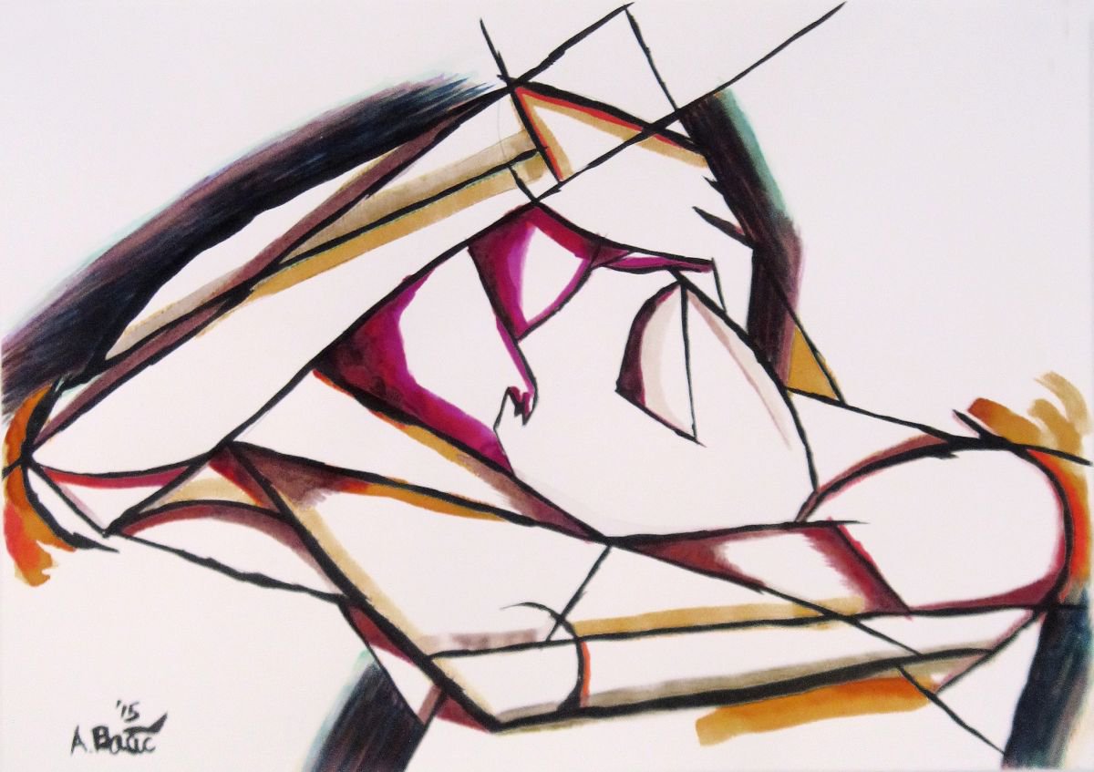 Geometric Portrait Ink Drawing By Aleksandar Basic, 17 X 12, Dream, Original Artwork