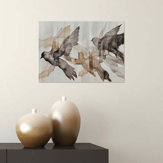 Beige - Black Flying pigeons Silhouette
