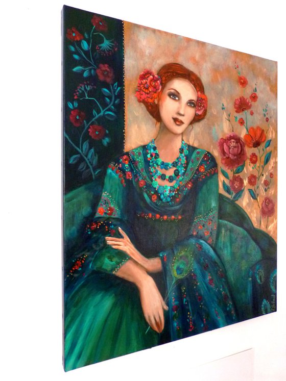 Adagio indigo 46 x 55 cm. Redheaded woman with shawl