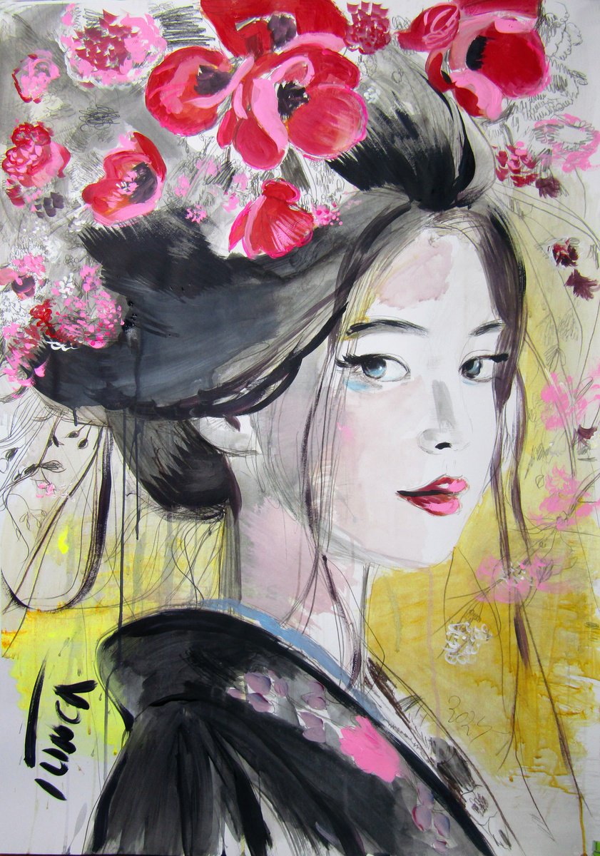 Illustrative Portrait Acrylic Painting By Catalin Ilinca, 30 X 41, Cherry Blossom (L