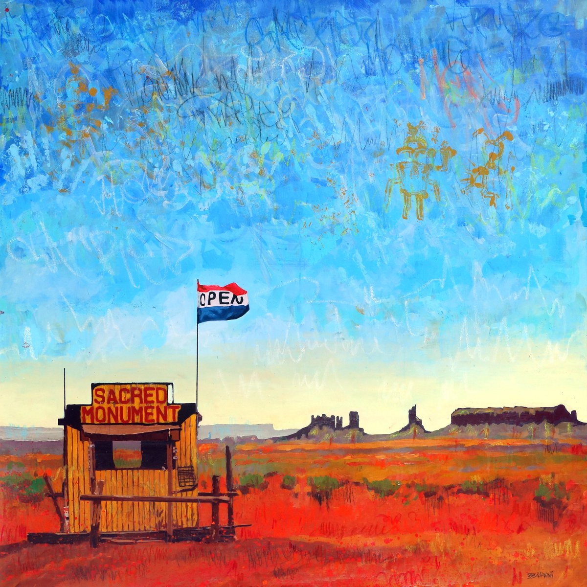 Urban And Pop Landscape Acrylic Painting By Tomasz Brynowski, 43 X 43", Sacred Monument, Original Artwork