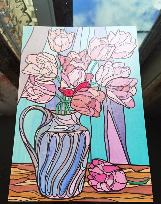 Pink tulips in vase - abstract flowers in stained glass cubism style