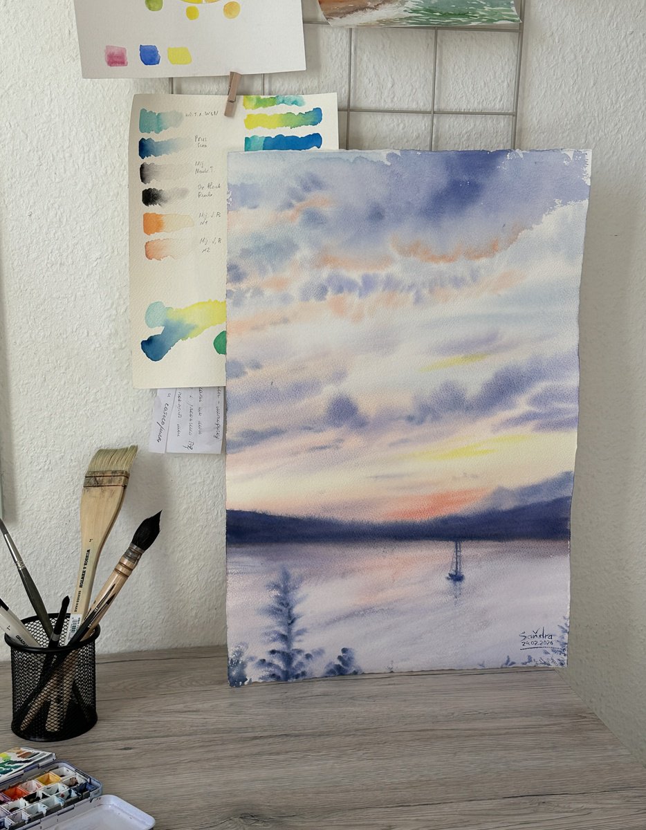 Photorealistic Watercolour , Pearly Sunset Over Mountains By Oleksandra Padushyna, 15 X 23, Artwork For Sale On Artfinder