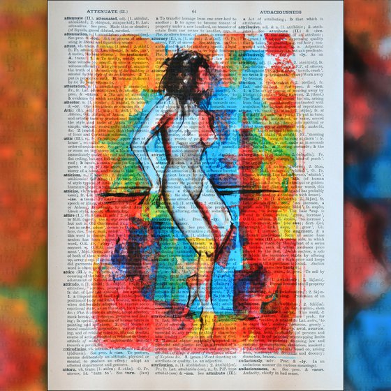 Waiting - Collage Art on Large Real English Dictionary Vintage Book Page