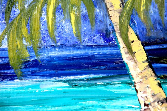 Palm trees beach ocean warm sand Original oil painting on canvas