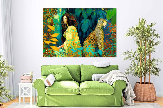Woman and leopard in the jungle. Large female portrait wall home decor. Art Gift