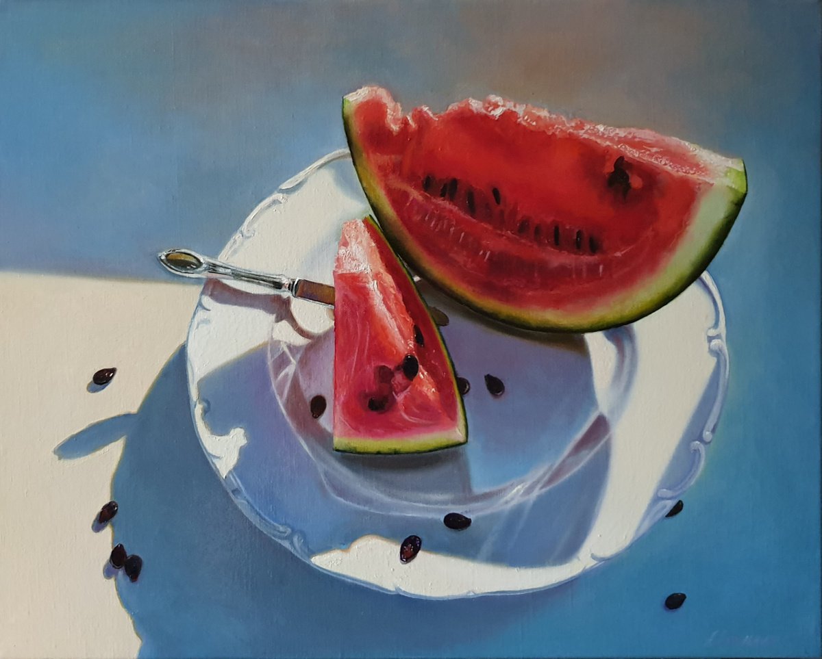 Juicy slices  still life summer watermelon liGHt original painting  GIFT (2019) by Anna Kotelnik