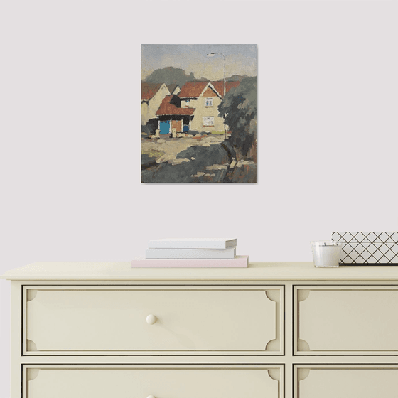 Original Oil Painting Wall Art Artwork Signed Hand Made Jixiang Dong Canvas 25cm × 30cm Nice Neighborhood small building Impressionism