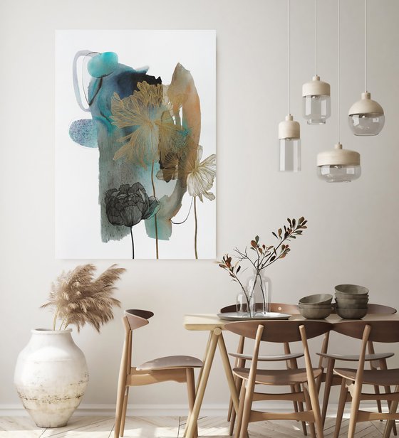 "Thincord" Abstract flowers gold navy art